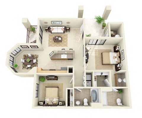 Floor plan for 2 beds, 2 baths, 1035 sqft