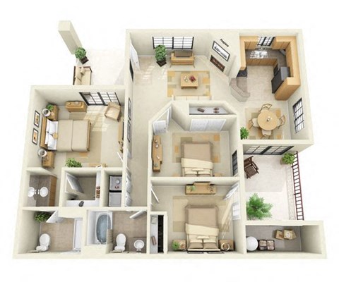 Floor plan for 3 beds, 2 baths, 1300 sqft