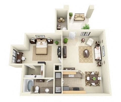 Floor plan for 1 bed, 1 bath, 845 sqft