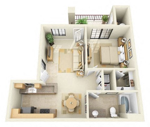Floor plan for 1 bed, 1 bath, 670 sqft