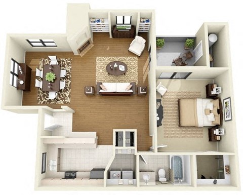 Floor plan for 1 bed, 1 bath, 849 sqft