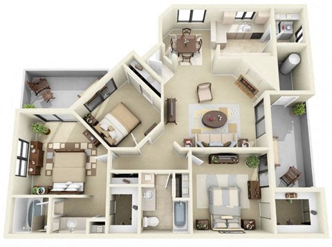 Floor plan for 3 beds, 2 baths, 1275 sqft