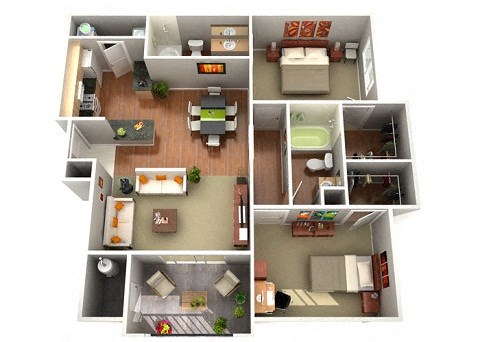 Floor plan for 2 beds, 2 baths, 1065 sqft