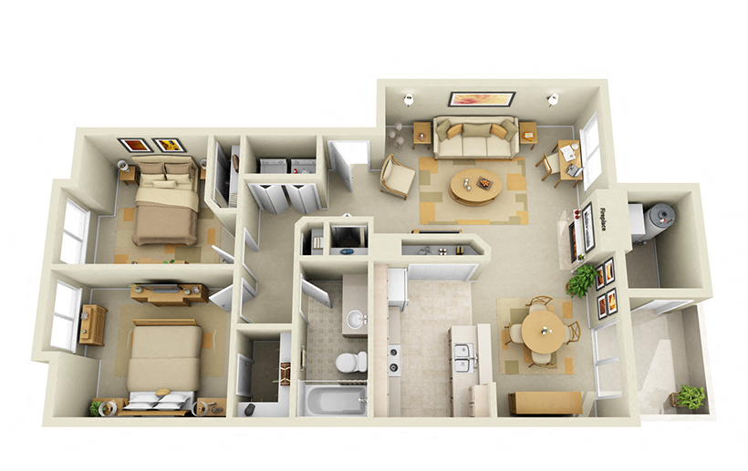 Floor plan for 2 beds, 1 bath, 1038 sqft