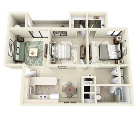 Floor plan for 2 beds, 1 bath, 838 sqft