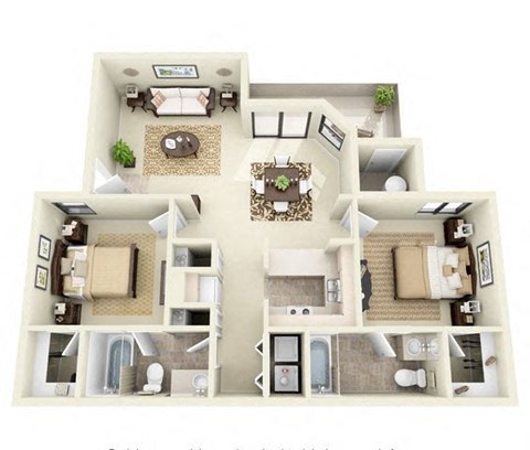 Floor plan for 2 beds, 2 baths, 952 sqft