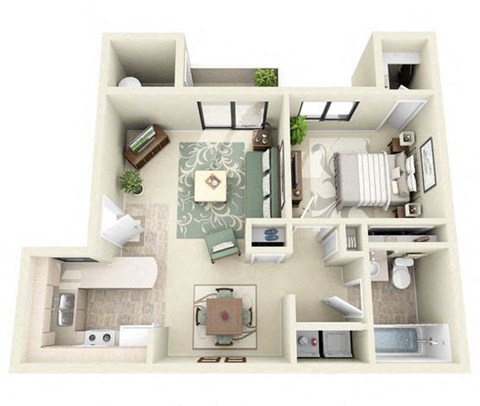 Floor plan for 1 bed, 1 bath, 717 sqft