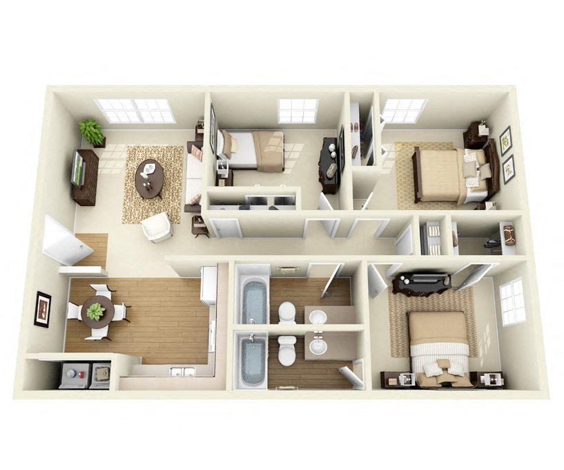 Floor plan for 3 beds, 2 baths, 978 sqft