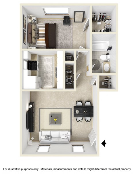Floor plan for 1 bed, 1 bath, 650 sqft