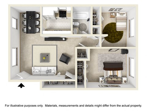 Floor plan for 2 beds, 1 bath, 756 sqft