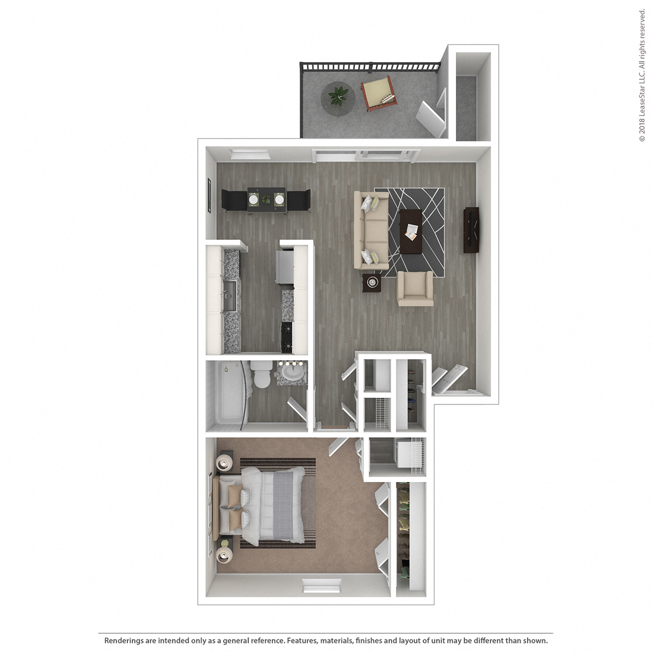Floor plan for 1 bed, 1 bath, 670 sqft