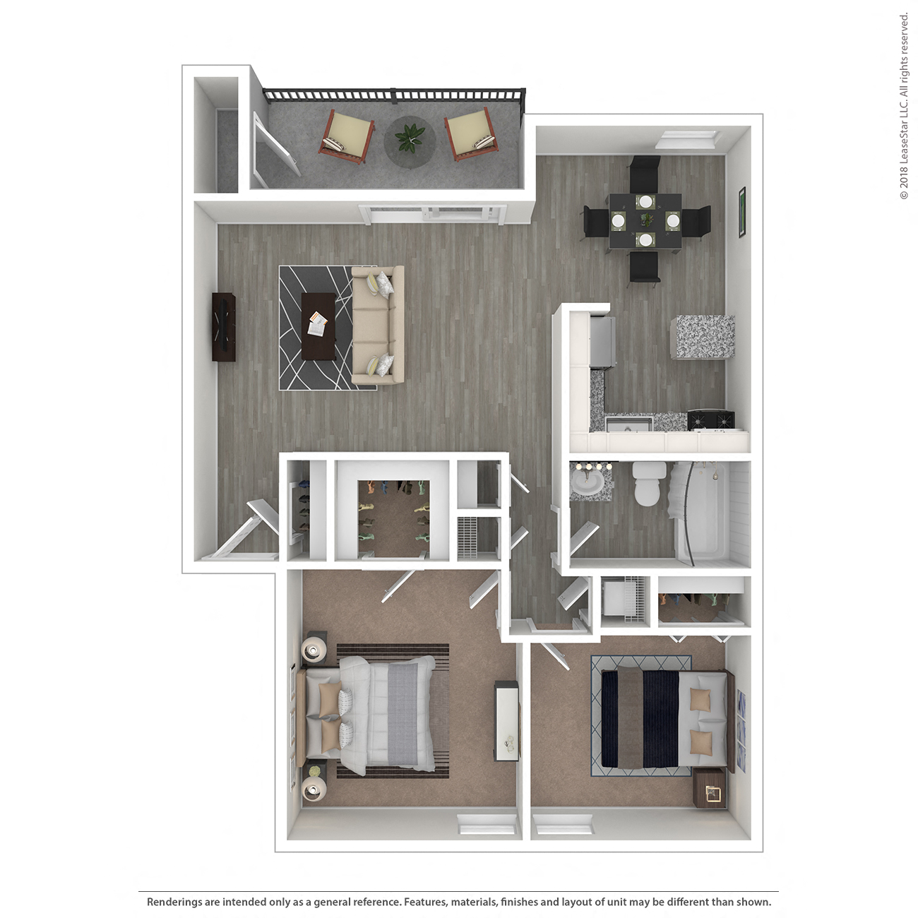 Floor plan for 2 beds, 1 bath, 940 sqft