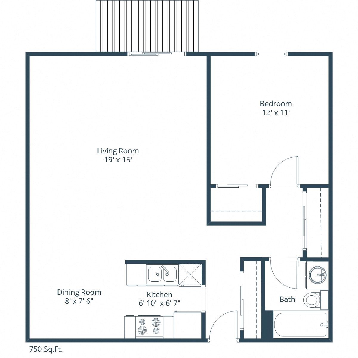 Floor plan for 1 bed, 1 bath, 750 sqft