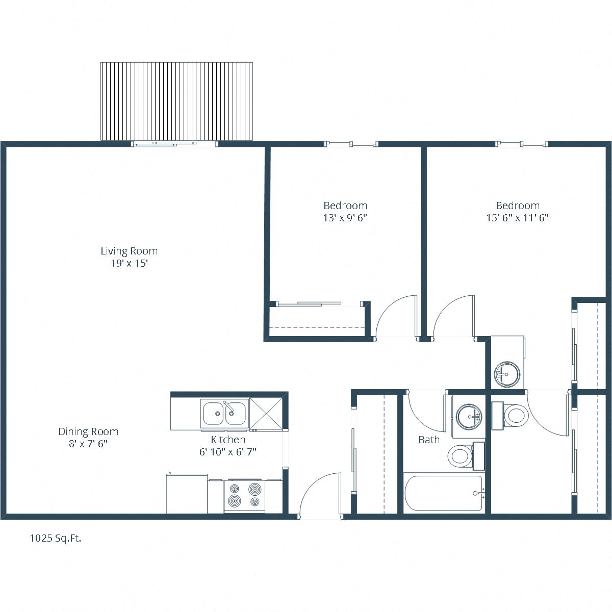 Floor plan for 2 beds, 1.5 baths, 1025 sqft