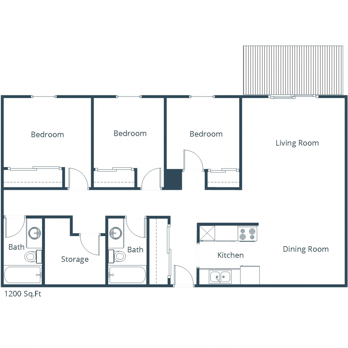 Floor plan for 3 beds, 2 baths, 1200 sqft