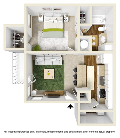 Floor plan for 1 bed, 1 bath, 579 sqft