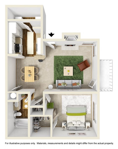 Floor plan for 1 bed, 1 bath, 675 sqft