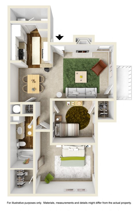 Floor plan for 2 beds, 1 bath, 810 sqft