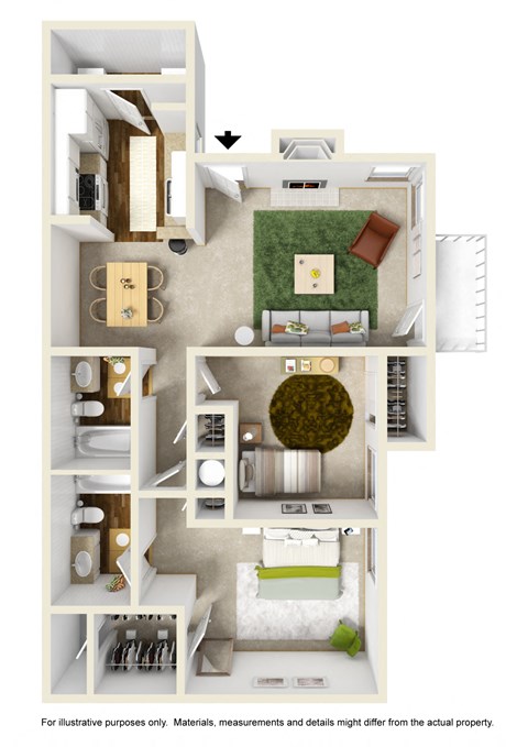 Floor plan for 2 beds, 2 baths, 934 sqft