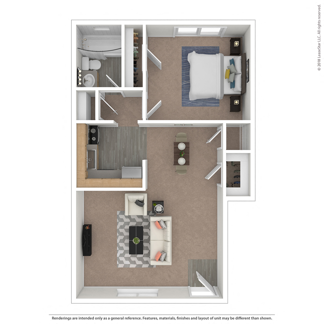 Floor plan for 1 bed, 1 bath, 580 sqft