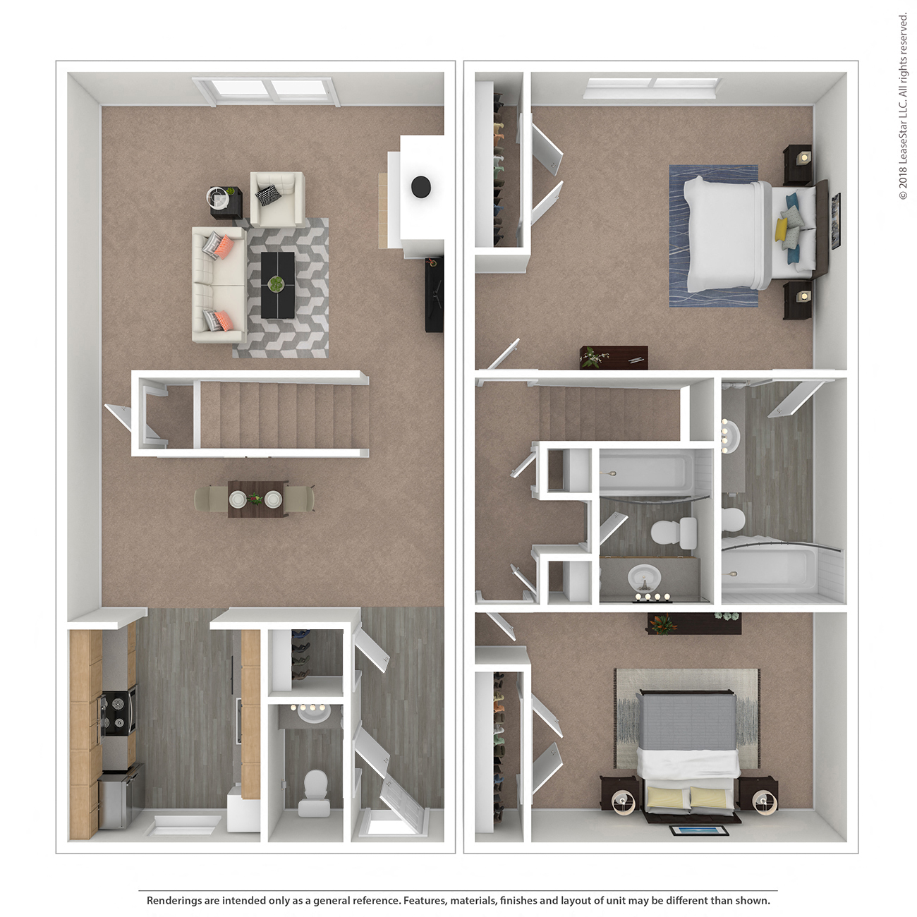 Floor plan for 2 beds, 2.5 baths, 1050 sqft