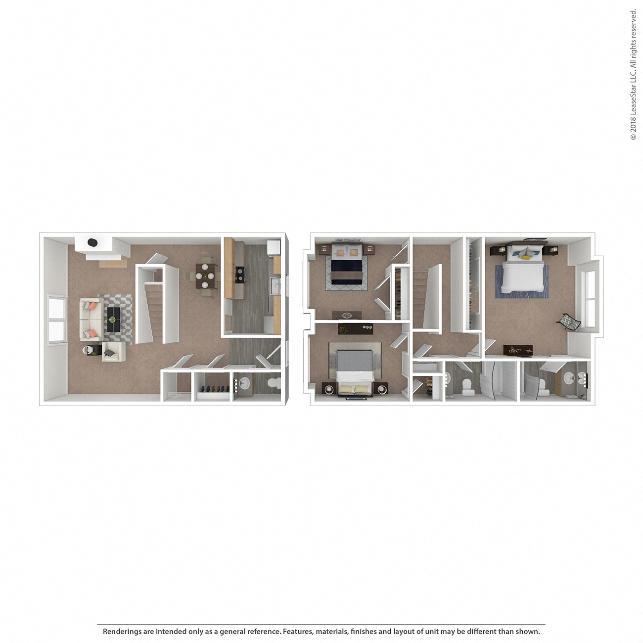 Floor plan for 3 beds, 2.5 baths, 1280 sqft