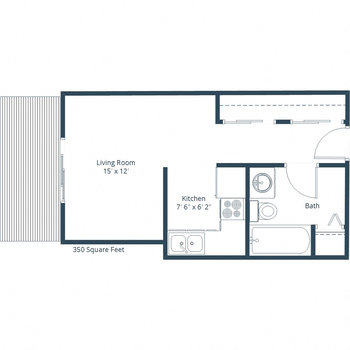 Floor plan for studio, 1 bath, 350 sqft