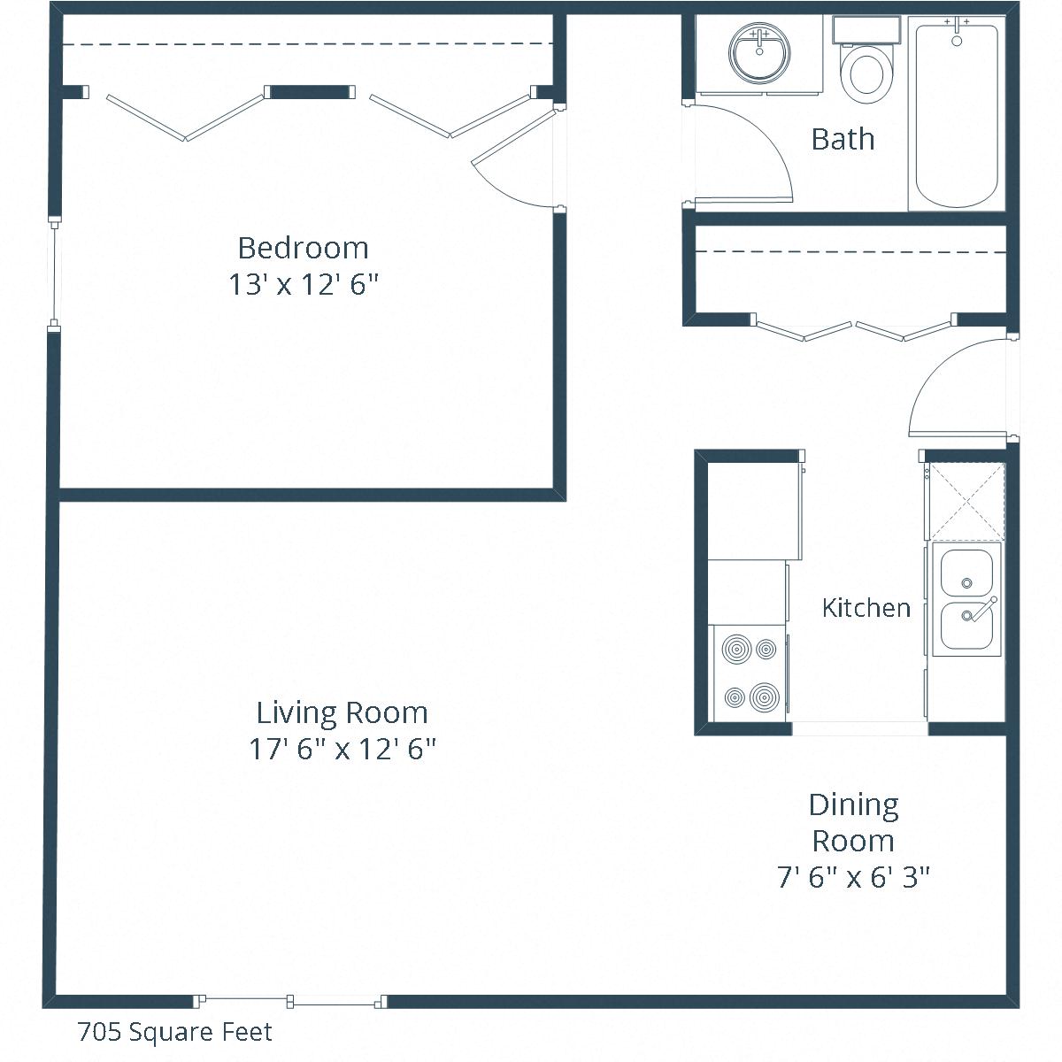 Floor plan for 1 bed, 1 bath, 705 sqft