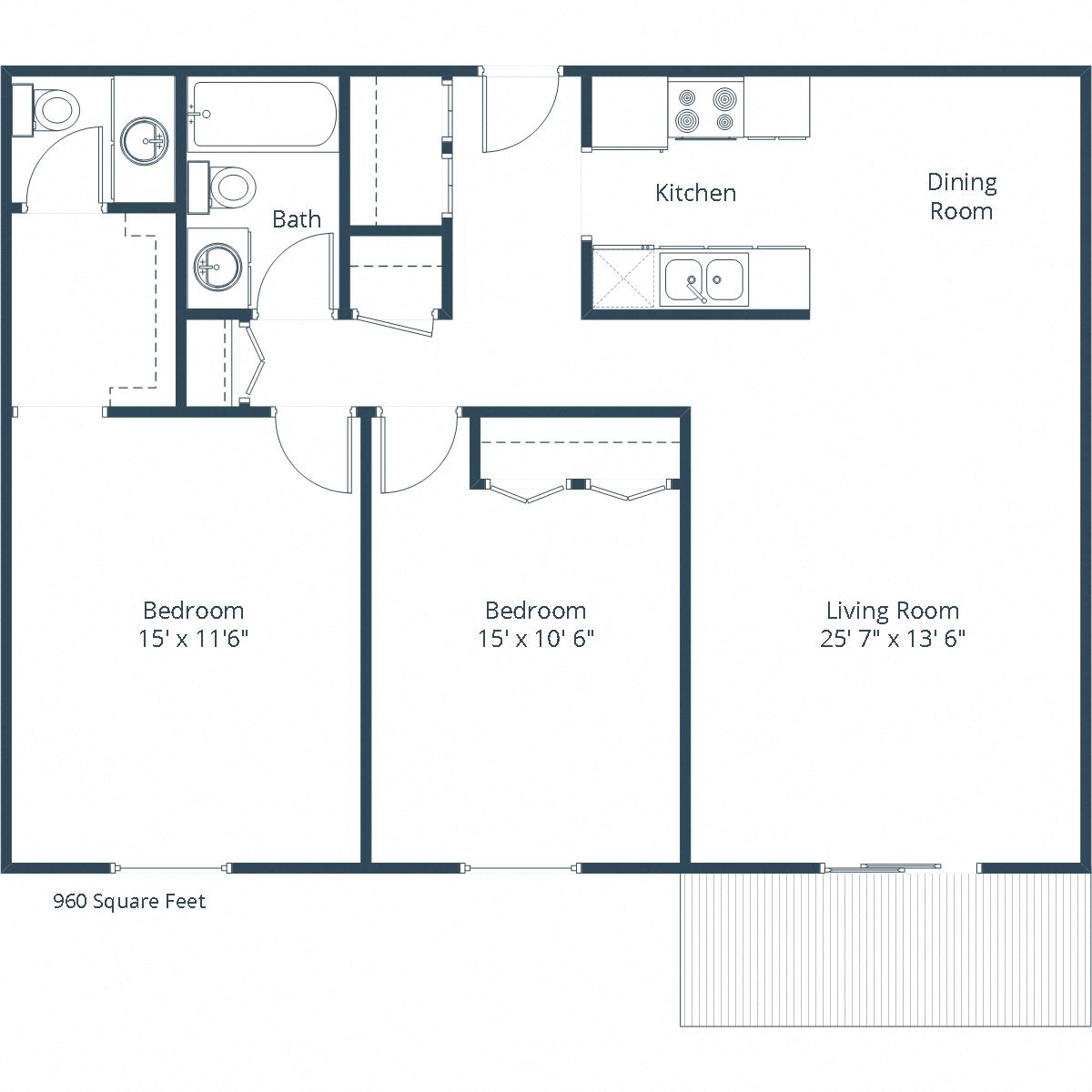 Floor plan for 2 beds, 1.5 baths, 960 sqft