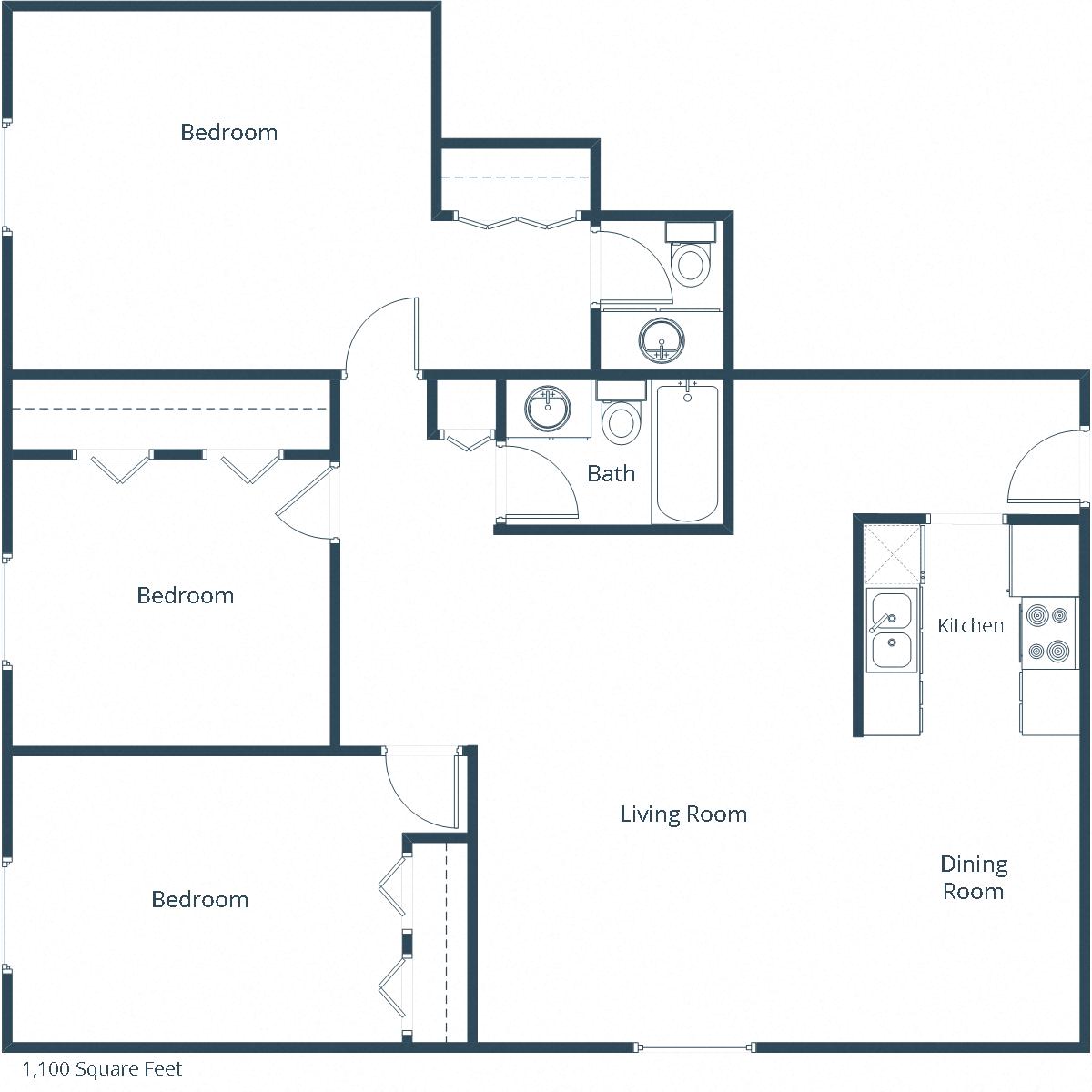 Floor plan for 3 beds, 1.5 baths, 1100 sqft