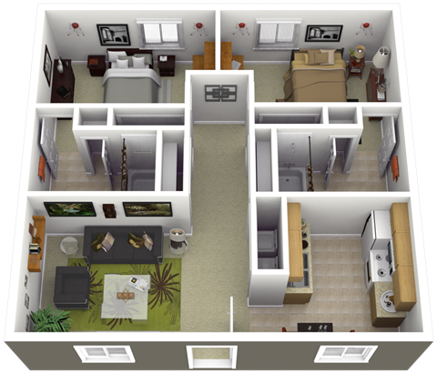Floor plan for 2 beds, 2 baths, 1050 sqft