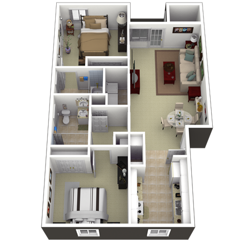 Floor plan for 2 beds, 2 baths, 1081 sqft