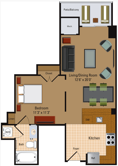 Floor plan for studio, 1 bath, 613 sqft