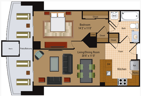 Floor plan for 1 bed, 1 bath, 700 sqft