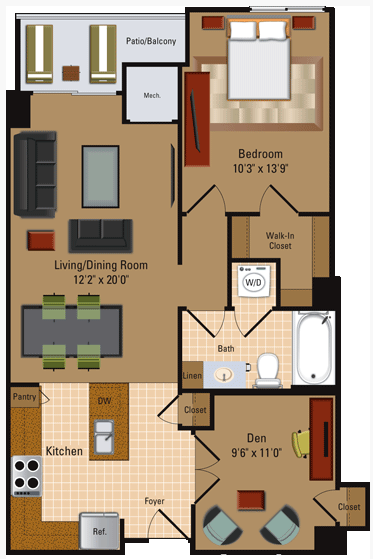 Floor plan for 1 bed, 1 bath, 817 sqft