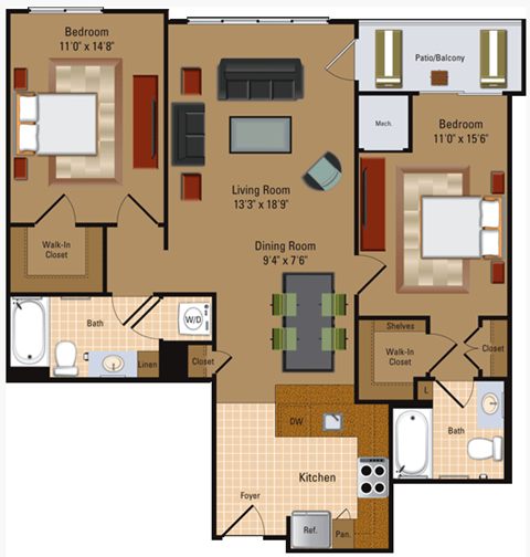 Floor plan for 2 beds, 2 baths, 1052 sqft
