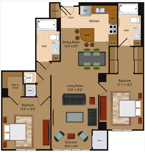 Floor plan for 2 beds, 2 baths, 1111 sqft