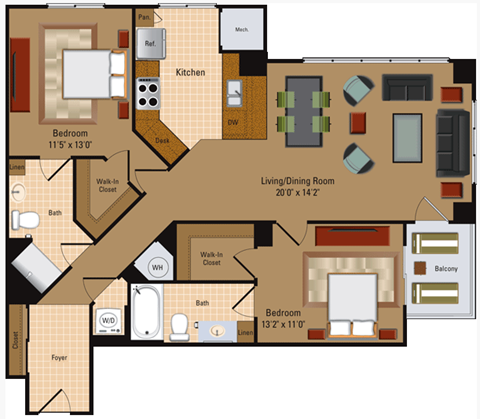 Floor plan for 2 beds, 2 baths, 1151 sqft