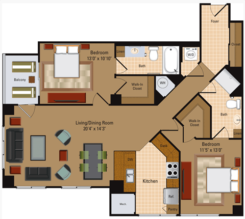 Floor plan for 2 beds, 2 baths, 1161 sqft