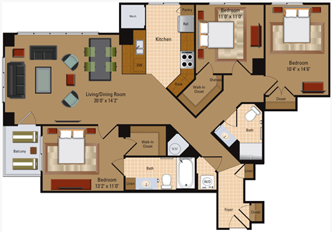 Floor plan for 3 beds, 2 baths, 1306 sqft