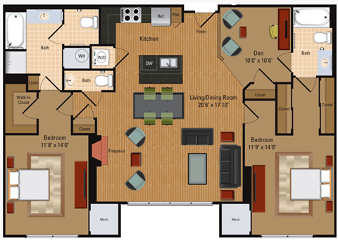 Floor plan for 2 beds, 2.5 baths, 1408 sqft