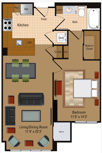 Floor plan for 1 bed, 1 bath, 702 sqft