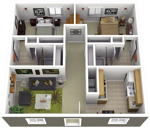 Floor plan for 2 beds, 2 baths, 1050 sqft