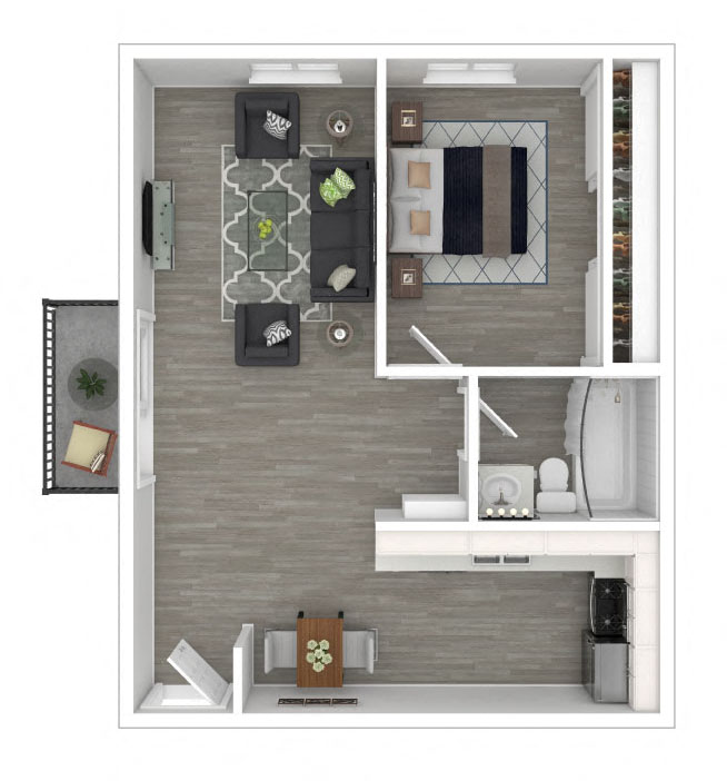 Floor plan for 1 bed, 1 bath, 634 sqft