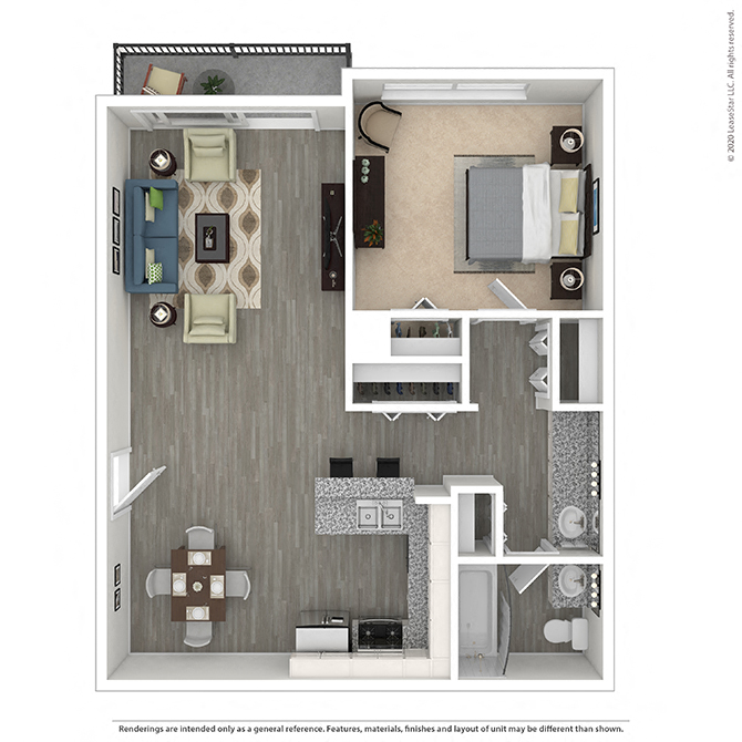 Floor plan for 1 bed, 1 bath, 720 sqft