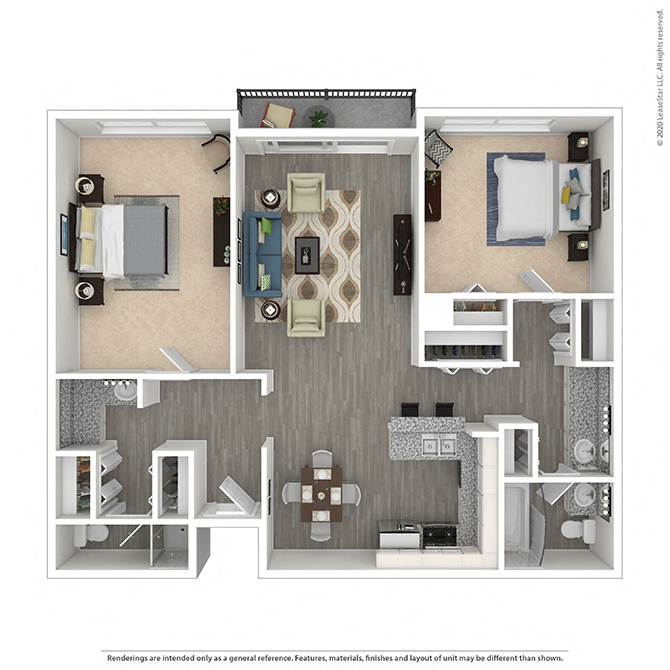 Floor plan for 2 beds, 2 baths, 1100 sqft