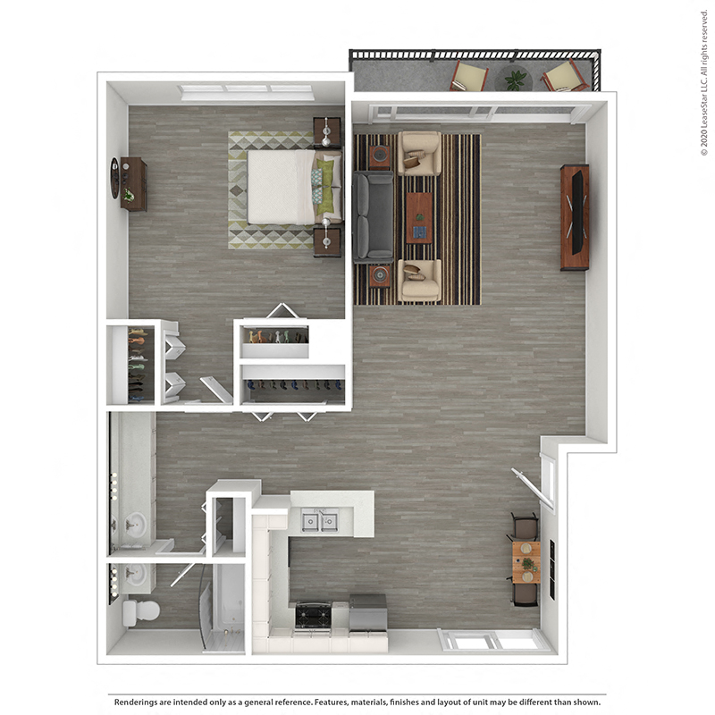 Floor plan for 1 bed, 1 bath, 700 sqft