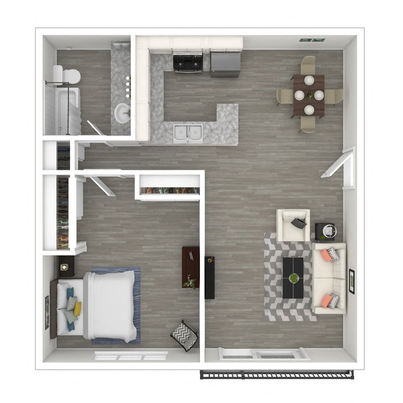 Floor plan for 1 bed, 1 bath, 585 sqft