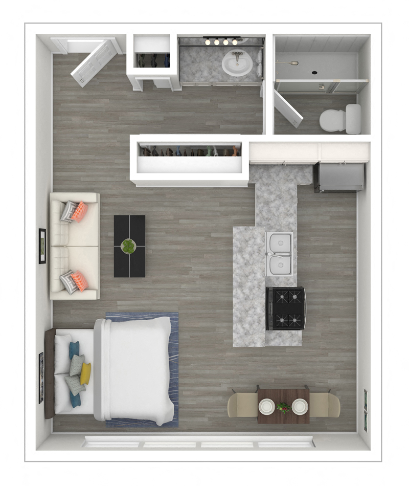 Floor plan for studio, 1 bath, 350 sqft