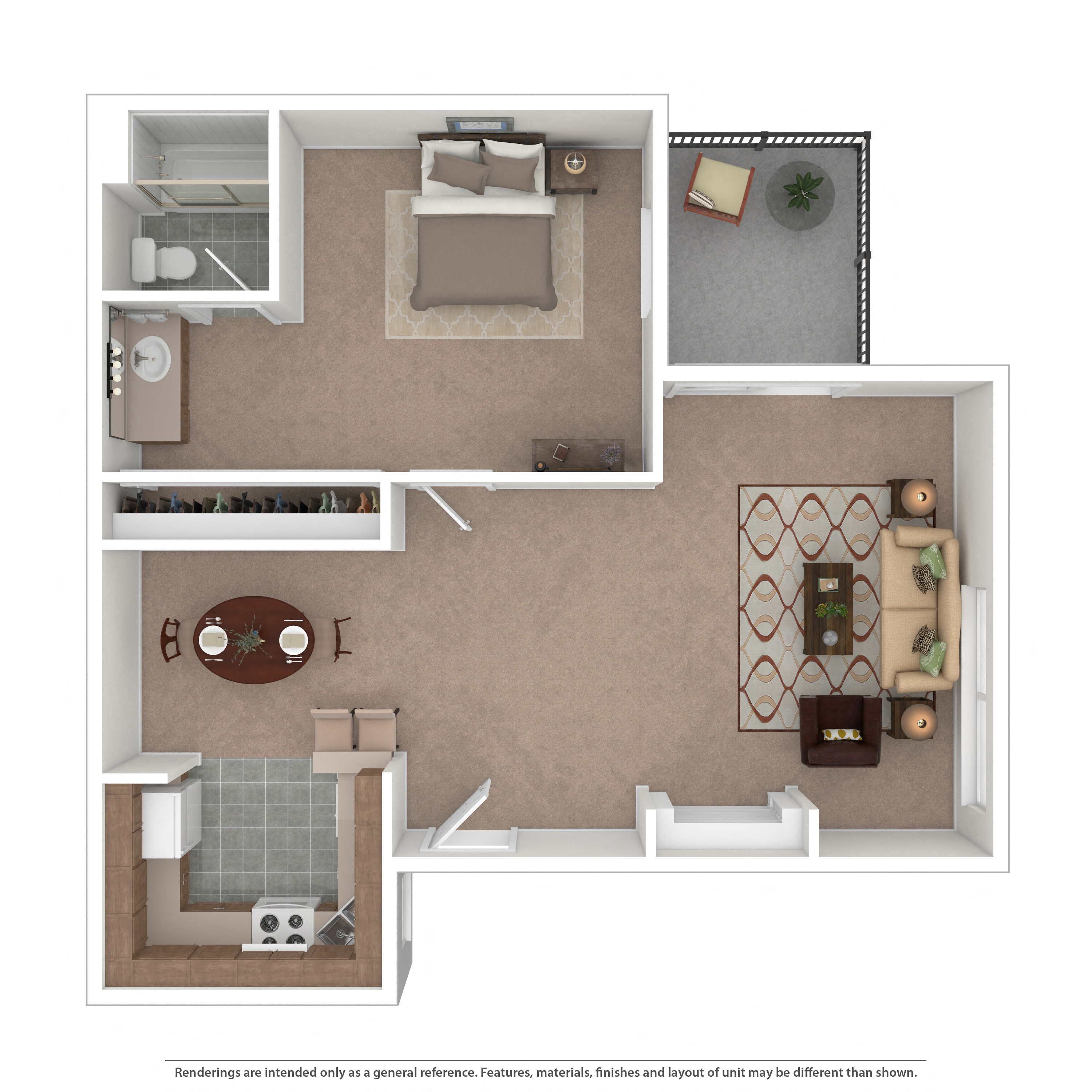 Floor plan for 1 bed, 1 bath, 630 sqft